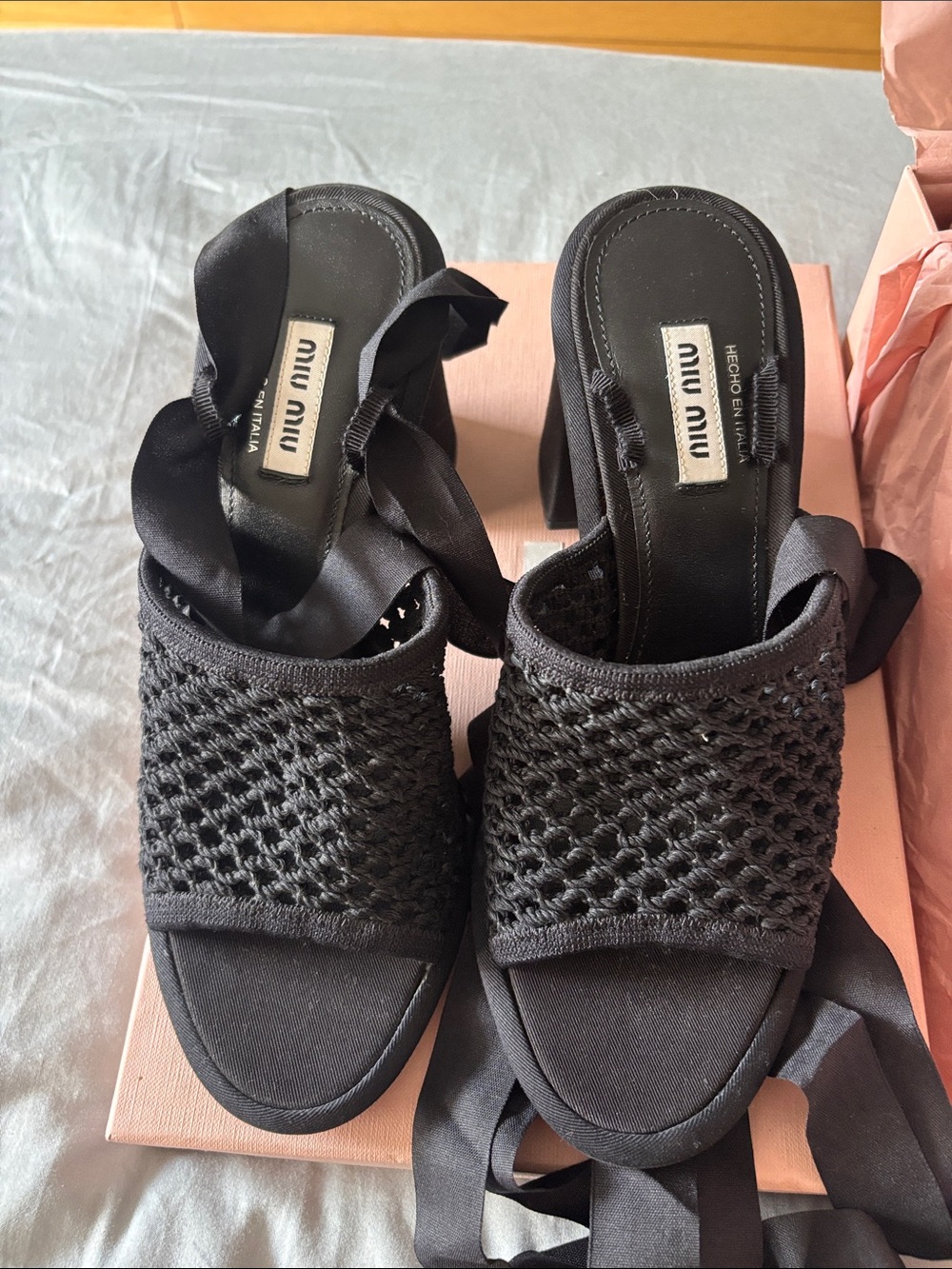 Miu Miu Black Woven Ribbon-Tie Mules